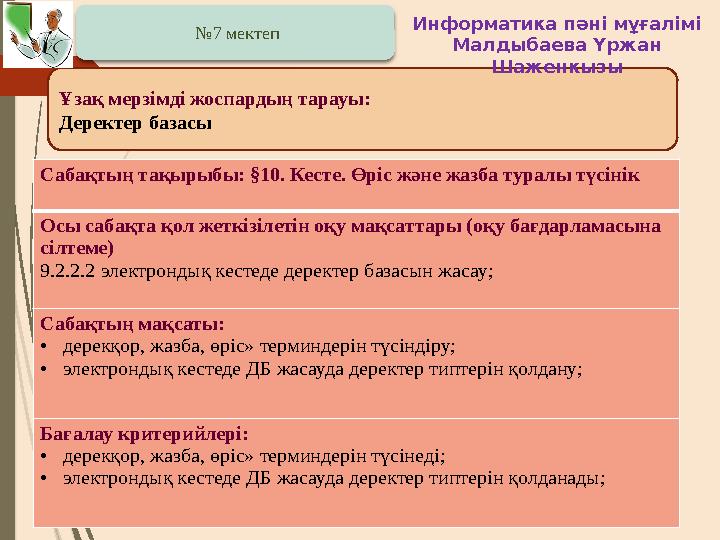 Ұзақ мерзімді жоспардың тарауы: Деректер базасы Сабақтың тақырыбы: §10. Кесте. Өріс және жазба туралы түсінік Осы сабақта қол же