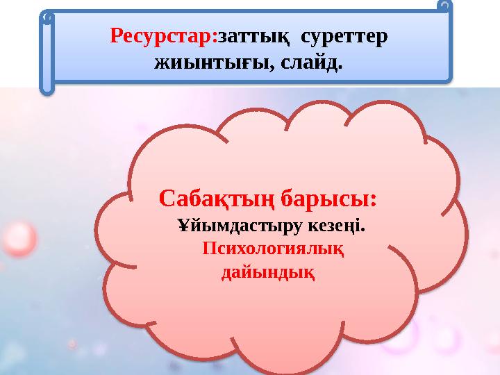 Ресурстар: заттық суреттер жиынтығы, слайд. Сабақтың барысы: Ұйымдастыру кезеңі. Психологиялық дайындық