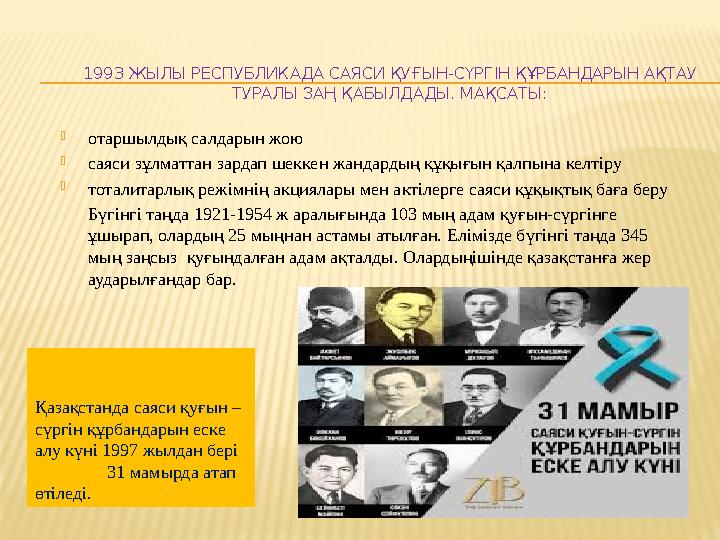 1993 ЖЫЛЫ РЕСПУБЛИКАДА САЯСИ ҚУҒЫН-СҮРГІН ҚҰРБАНДАРЫН АҚТАУ ТУРАЛЫ ЗАҢ ҚАБЫЛДАДЫ. МАҚСАТЫ:  отаршылдық салдарын жою  саяси зұ