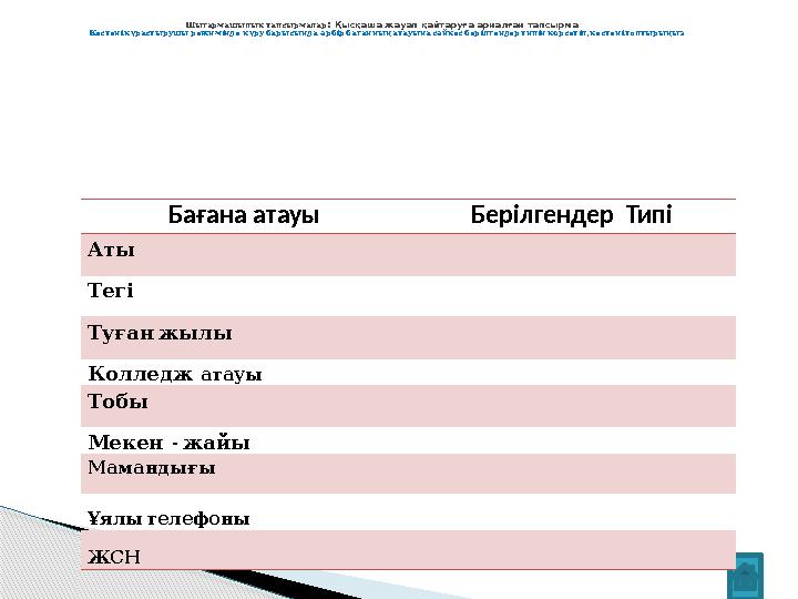 Шығармашылық тапсырмалар : Қысқаша жауап қайтаруға арналған тапсырма , Кестені құрастырушы ре