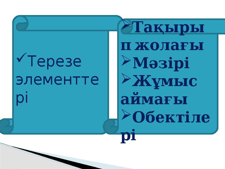  Терезе элементте рі  Тақыры п жолағы  Мәзірі  Жұмыс аймағы  Обектіле рі