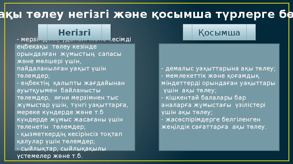 Еңбекақы төлеу негізгі және қосымша түрлерге бөлінеді - мерзімділік, үдемелі және кесімді еңбекақы төлеу кезінде орындалған