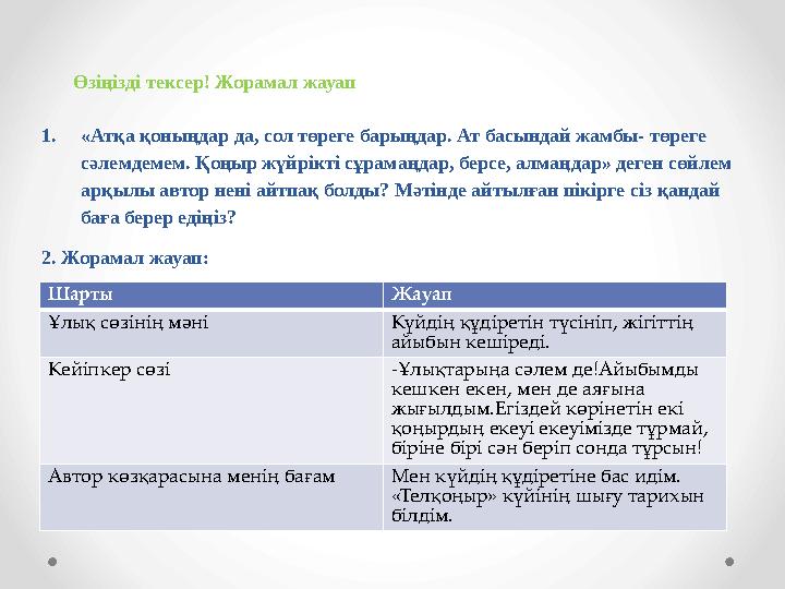 Өзіңізді тексер! Жорамал жауап 1. «Атқа қоныңдар да, сол төреге барыңдар. Ат басындай жамбы- төреге сәлемдемем. Қоңыр жүйрікті