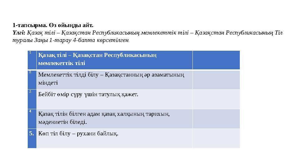 1. Қазақ тілі – Қазақстан Республикасының мемлекеттік тілі 2. Мемлекеттік тілді білу – Қазақстанның әр азаматының міндеті