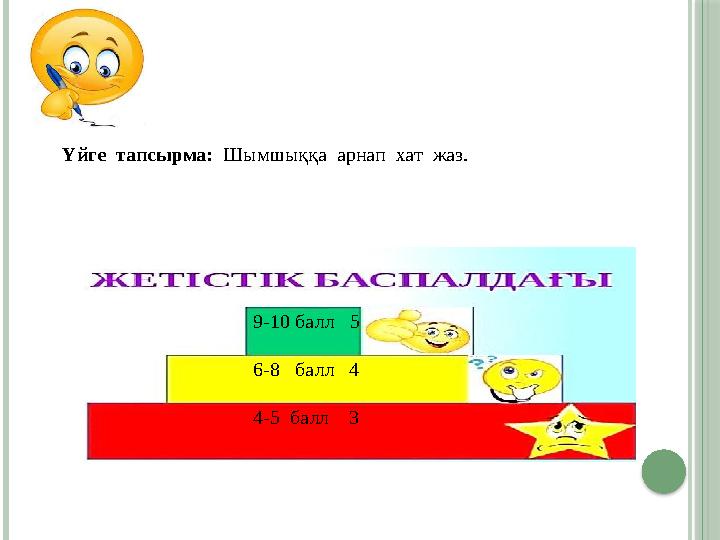 Үйге тапсырма: Шымшыққа арнап хат жаз. 9-10 балл 5