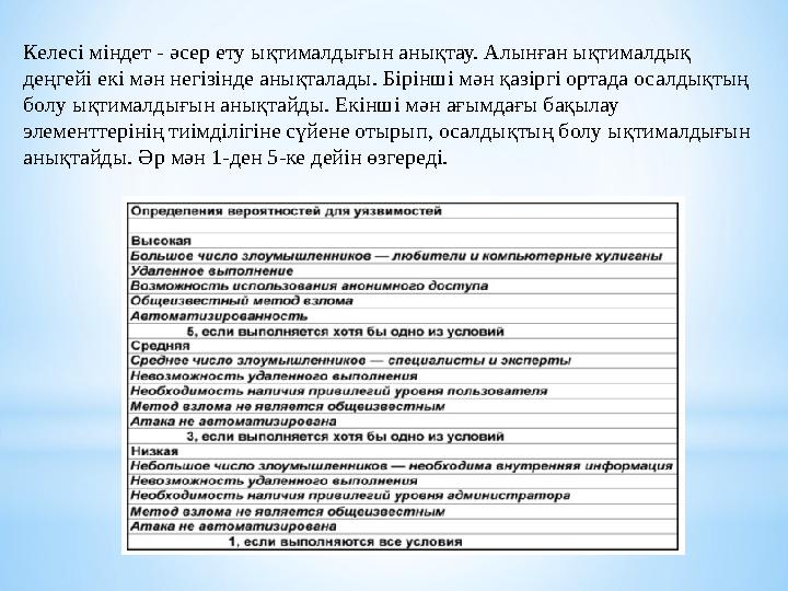 Келесі міндет - әсер ету ықтималдығын анықтау. Алынған ықтималдық деңгейі екі мән негізінде анықталады. Бірінші мән қазіргі орт