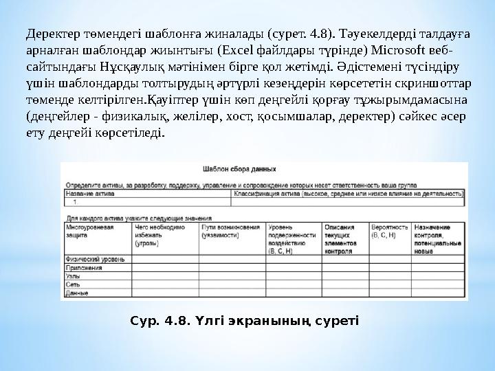 Деректер төмендегі шаблонға жиналады (сурет. 4.8). Тәуекелдерді талдауға арналған шаблондар жиынтығы ( Excel файлдары түрінде)