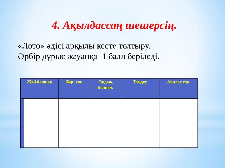 4. Ақылдассаң шешерсің. «Лото» әдісі арқылы кесте толтыру. Әрбір дұрыс жауапқа 1 балл беріледі. Жай бөлшек Кері сан Ондық бөл