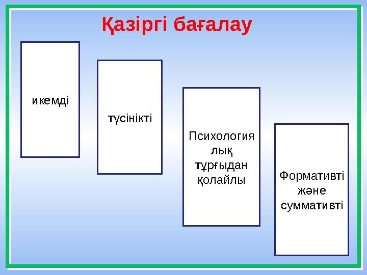 2 Қазіргі бағалау икемді түсінікті Психология лық тұрғыдан қолайлы Формативті және суммативті