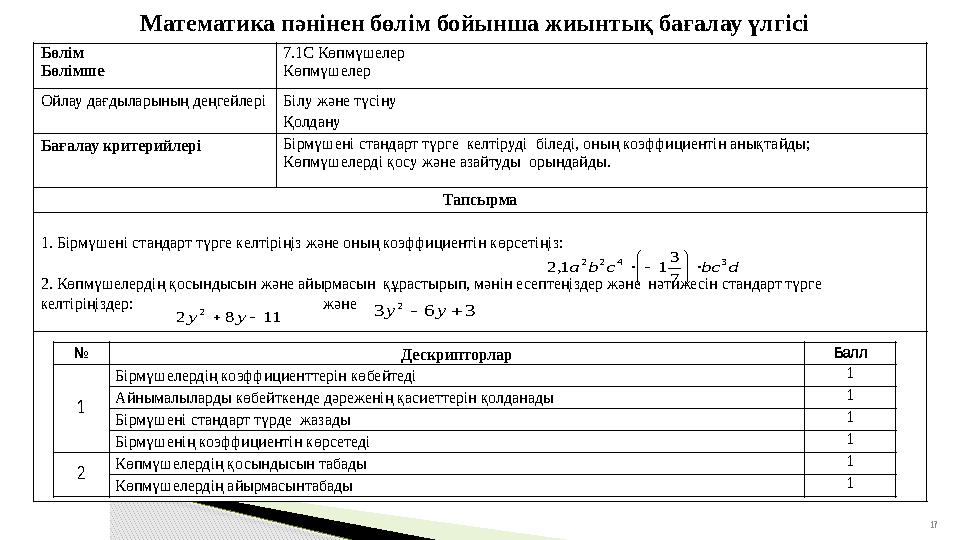 Математика пәнінен бөлім бойынша жиынтық бағалау үлгісі 17Бөлім Бөлімше 7.1С Көпмүшелер Көпмүшелер Ойлау дағдыларының деңгейлері