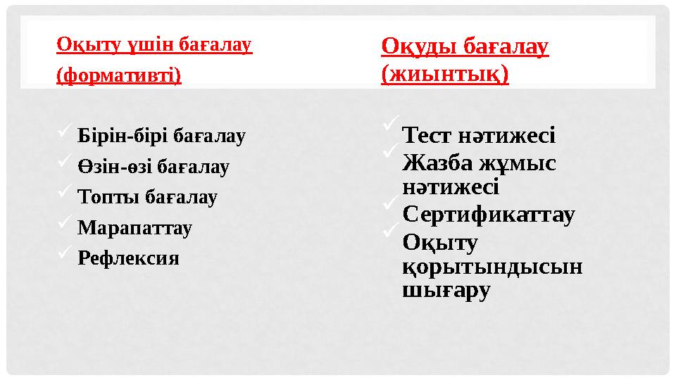 Оқыту үшін бағалау (формативті)  Бірін-бірі бағалау  Өзін-өзі бағалау  Топты бағалау  Марапаттау  Рефлексия Оқуды бағалау