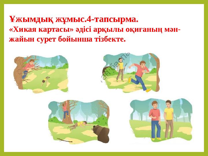 Ұжымдық жұмыс.4-тапсырма. «Хикая картасы» әдісі арқылы оқиғаның мән- жайын сурет бойынша тізбекте.