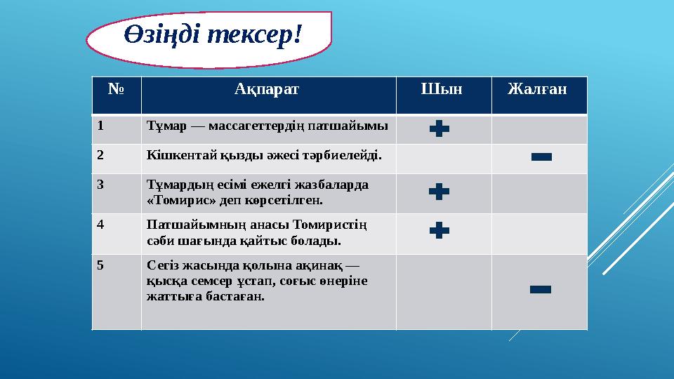 № Ақпарат Шын Жалған 1 Тұмар — массагеттердің патшайымы 2 Кішкентай қызды әжесі тәрбиелейді. 3 Тұмардың есімі ежелгі жазбала