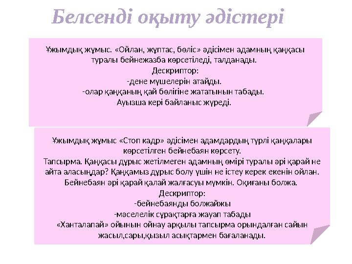 Белсенді оқыту әдістері Ұжымдық жұмыс. «Ойлан, жұптас, бөліс» әдісімен адамның қаңқасы туралы бейнежазба көрсетіледі, та