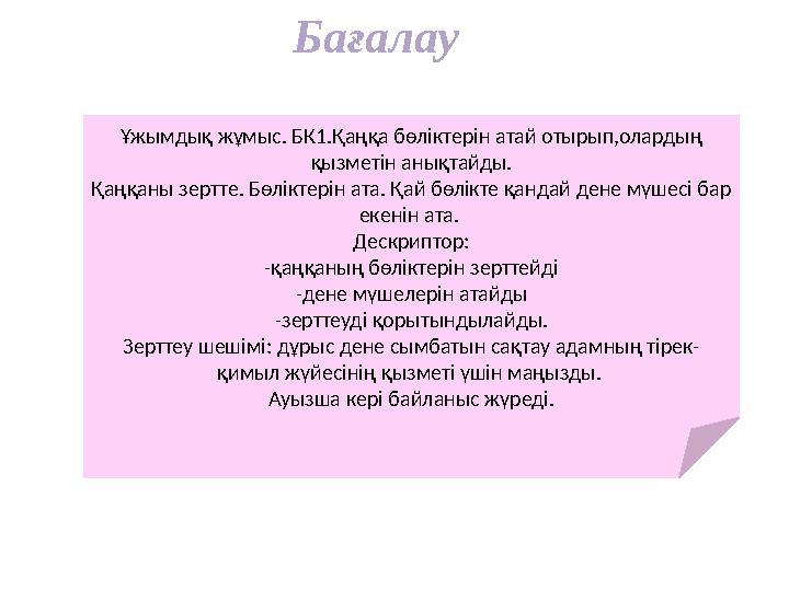 Бағалау Ұжымдық жұмыс. БК1.Қаңқа бөліктерін атай отырып,олардың қызметін анықтайды. Қаңқаны зертте. Бөліктерін ата. Қай