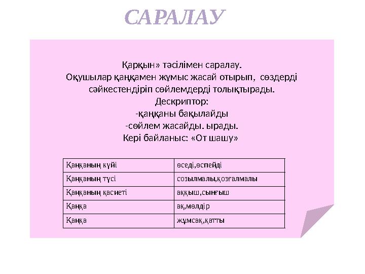 САРАЛАУ Қарқын» тәсілімен саралау. Оқушылар қаңқамен жұмыс жасай отырып, сөздерді сәйкестендіріп сөйлемдерді толықтырад