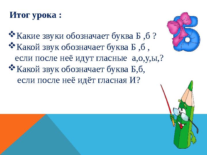 Итог урока :  Какие звуки обозначает буква Б ,б ?  Какой звук обозначает буква Б ,б , если после н её идут гласные а,о,у