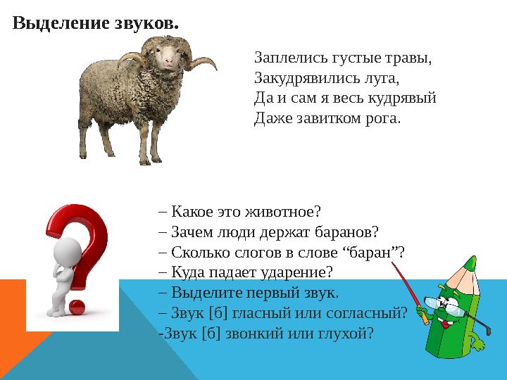 Выделение звуков. Заплелись густые травы, Закудрявились луга, Да и сам я весь кудрявый Даже завитком рога. – Какое это животно