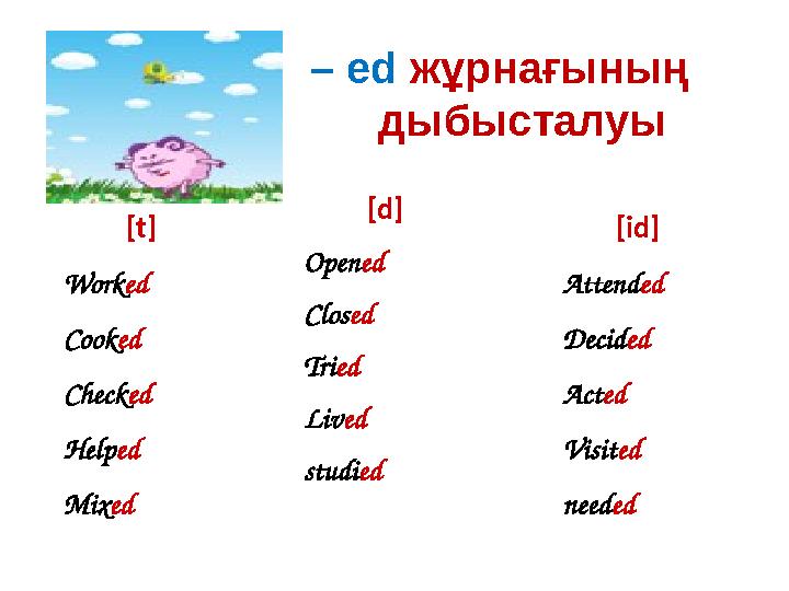 [t] Work ed Cook ed Check ed Help ed Mix ed [d] Open ed Clos ed Tri ed Liv ed studi ed [id] Attend ed Decid ed Act ed Visit ed n