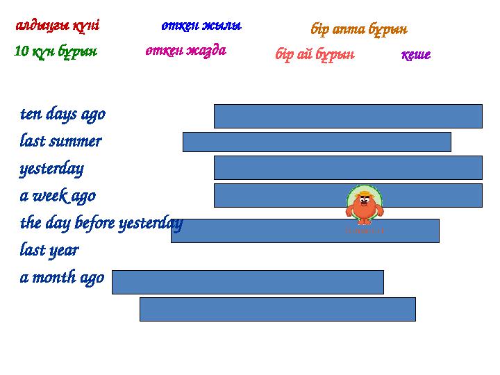 ten days ago last summer yesterday a week ago the day before yesterday last year a month ago10 күн бұрын алдыңғы күні өткен ж