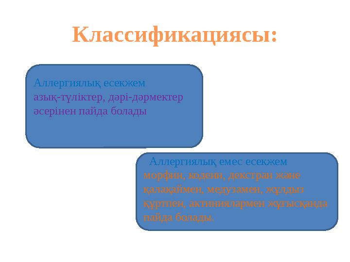 Аллергиялық есекжем азық-түліктер, дәрі-дәрмектер әсерінен пайда болады Аллергиялық емес есекжем морфин, кодеин, декстран