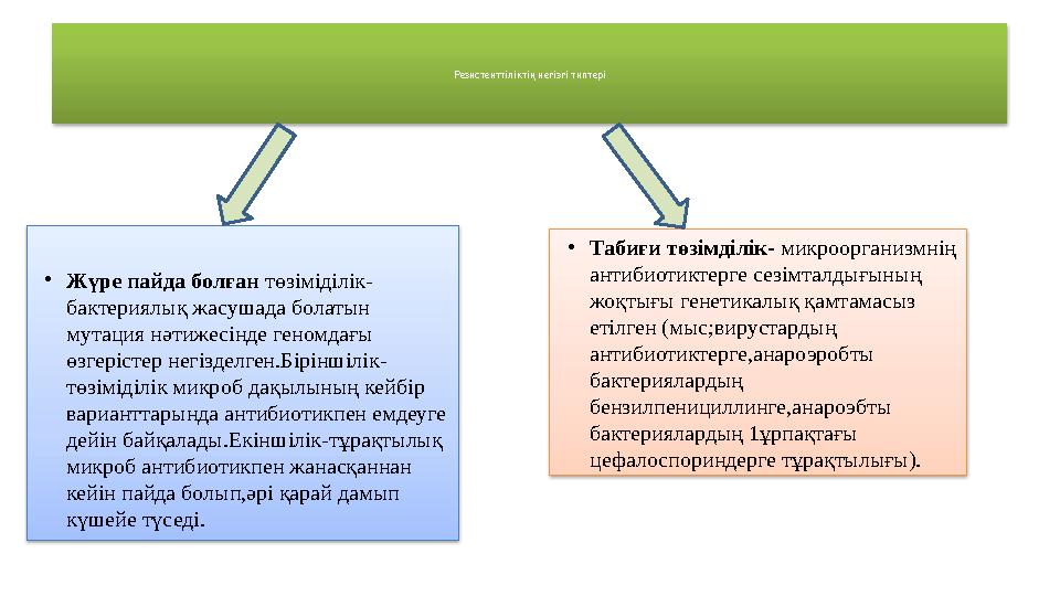 • Жүре пайда болған төзіміділік- бактериялық жасушада болатын мутация нәтижесінде геномдағы өзгерістер негізделген.Біріншілі