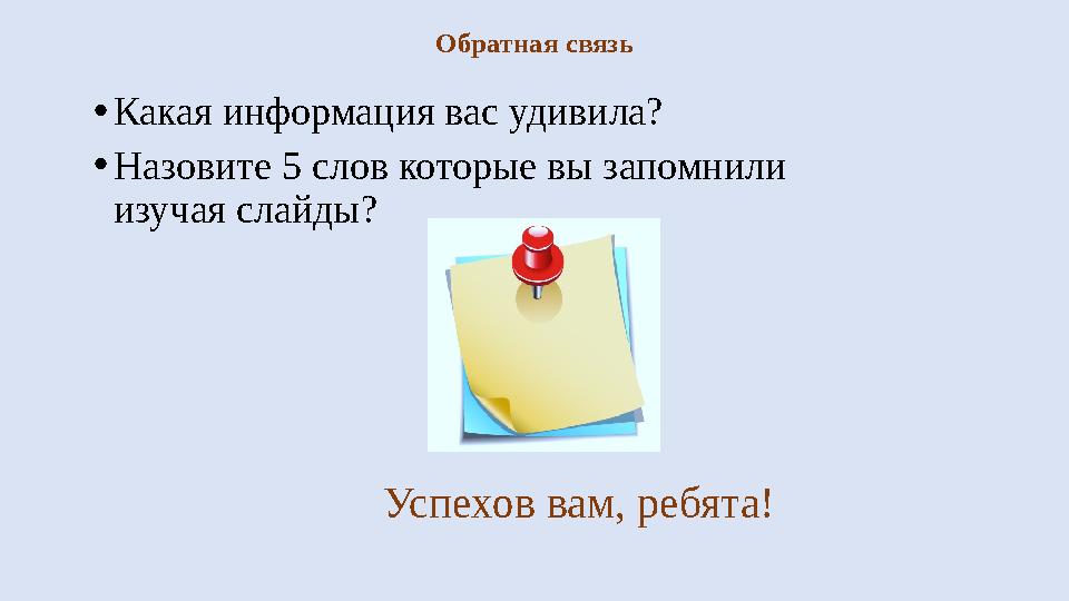 Обратная связь • Какая информация вас удивила? • Назовите 5 слов которые вы запомнили изучая слайды? Успехов ва