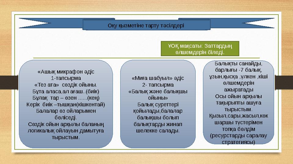 ҰОҚ мақсаты: Заттардың өлшемдерін біледі . « Ашық микрафон әдіс 1-тапсырма «Тез ата» сөздік ойыны. Бұта аласа,ал ағаш..(биік)