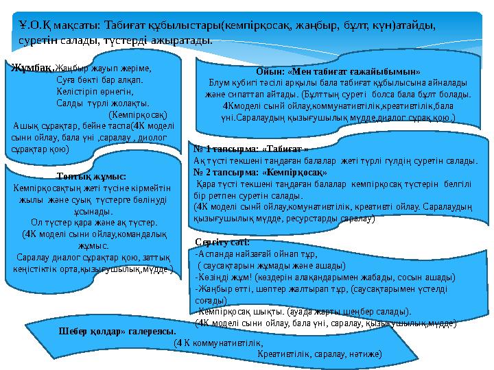 Ұ.О.Қ мақсаты: Табиғат құбылыстары(кемпірқосақ, жаңбыр, бұлт, күн)атайды, суретін салады, түстерді ажыратады. Жұмбақ. Жаңбыр жа