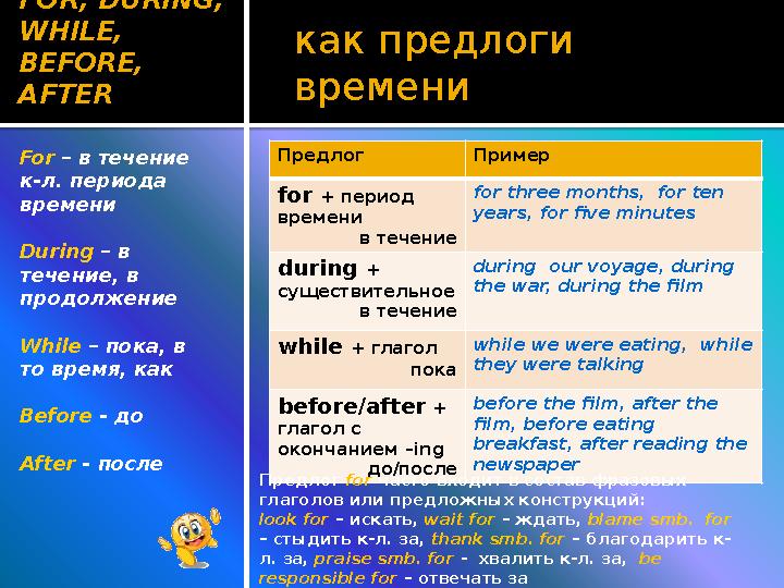 как предлоги времениFOR, DURING, WHILE, BEFORE, AFTER Предлог Пример for + период времени в течение for three months, for