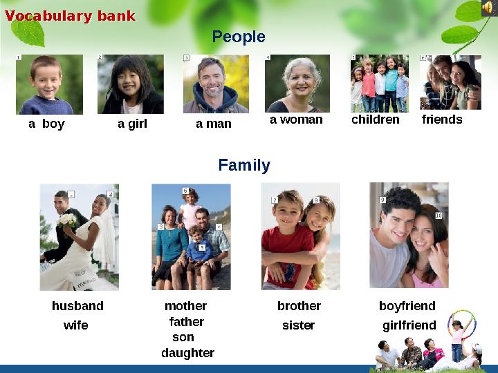 Vocabulary bank a boy a girl a man a woman children friends husband wife mother father son daughter brother sister boyfrien