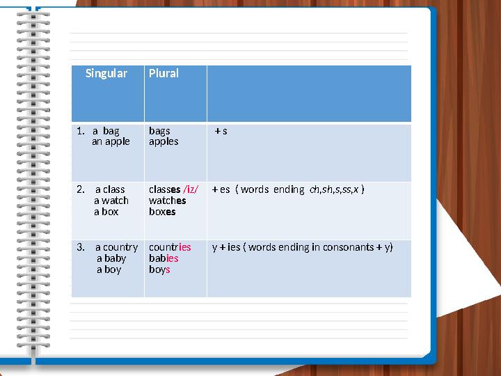 Singular Plural 1. a bag an apple bags apples + s 2. a class a watch a box class es /iz/ watch