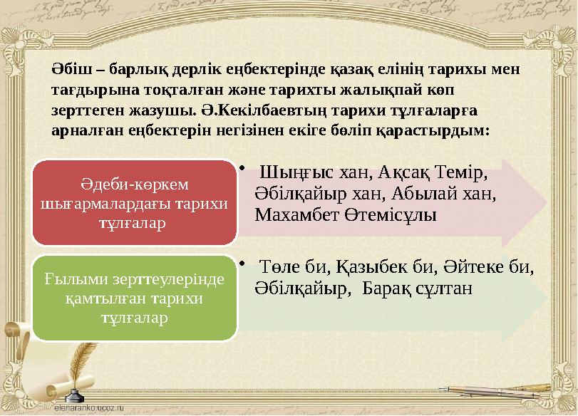 • Шыңғыс хан, Ақсақ Темір, Әбілқайыр хан, Абылай хан, Махамбет ӨтемісұлыӘдеби-көркем шығармалардағы тарихи тұлғалар • Т