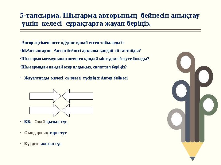 5-тапсырма. Шығарма авторының бейнесін анықтау үшін келесі сұрақтарға жауап беріңіз. - Автор әңгімені неге «Дүние қалай етс