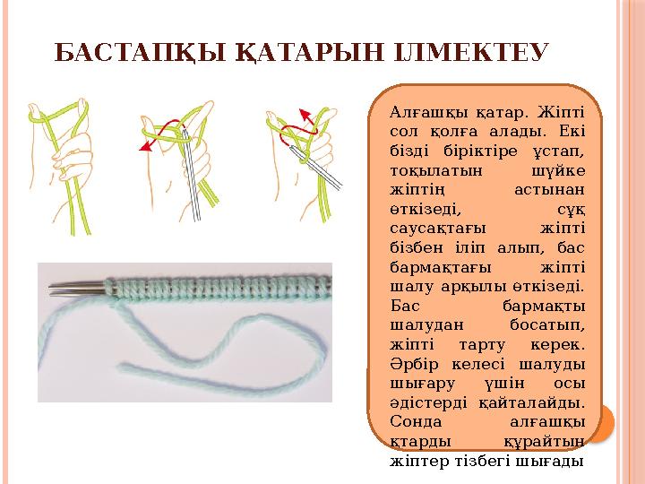 БАСТАПҚЫ ҚАТАРЫН ІЛМЕКТЕУ Алғашқы қатар. Жіпті сол қолға алады. Екі бізді біріктіре ұстап, тоқылатын шүйке жіптің а