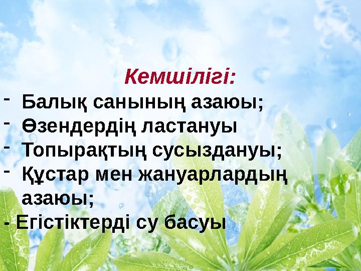 Кемшілігі: - Балық санының азаюы; - Өзендердің ластануы - Топырақтың сусыздануы; - Құстар мен жануарлардың азаюы; - Егістіктерд