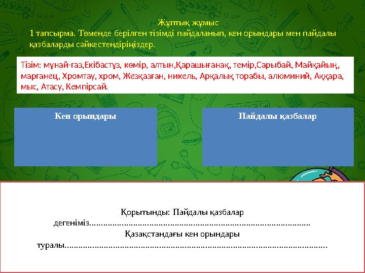 Жұптық жұмыс 1 тапсырма. Төменде берілген тізімді пайдаланып, кен орындары мен пайдалы қазбаларды сәйкестендіріңіздер. Тізім: м
