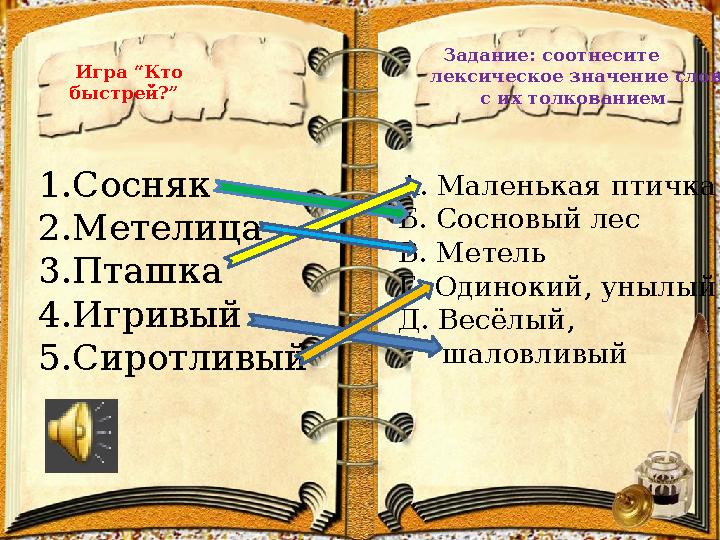 Игра “Кто быстрей?” 1. Сосняк 2. Метелица 3. Пташка 4. Игривый 5. Сиротливый А. Маленькая птичка Б. Сосновый лес В. Метель