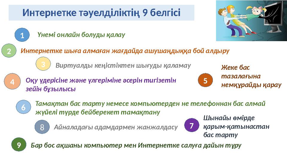 Интернетке тәуелділіктің 9 белгісі 1 2 3 4 5 6 Үнемі онлайн болуды қалау Интернетке шыға алмаған жағдайда ашушаңдыққа бой алдыру