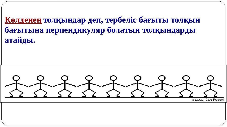 Көлденең толқындар деп, тербеліс бағыты толқын бағытына перпендикуляр болатын толқындарды атайды.