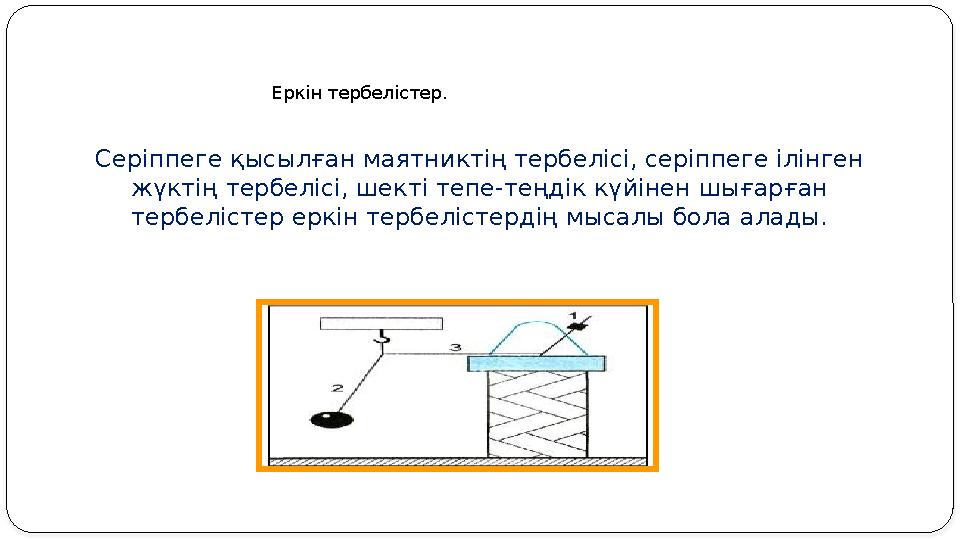 Еркін тербелістер. Серіппеге қысылған маятниктің тербелісі, серіппеге ілінген жүктің тербелісі, шекті тепе-теңдік күйінен шығар