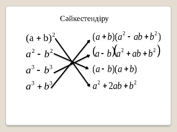 Сәйкестендіру3 3 3 3 2 2 2 b) a ( b a b a b a        2 2 2 2 2 2 2 ) )( ( ) )( ( b ab a b a b a b ab a