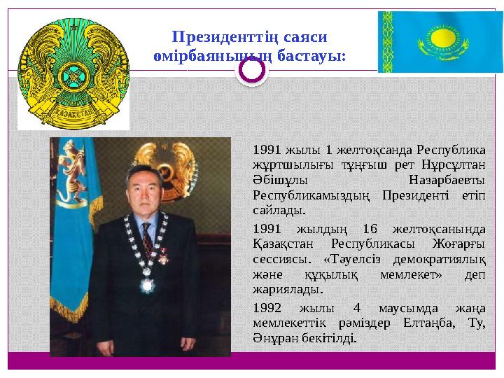 Президенттің саяси өмірбаянының бастауы: 1991 жылы 1 желтоқсанда Республика жұртшылығы тұңғыш рет Нұрсұлтан Әбішұлы Н