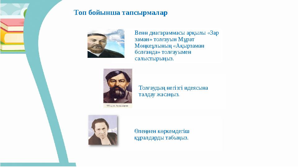 Топ бойынша тапсырмалар Венн диагараммасы арқылы «Зар заман» толғауын Мұрат Мөңкеұлының «Ақырзаман болғанда» толғауымен салы