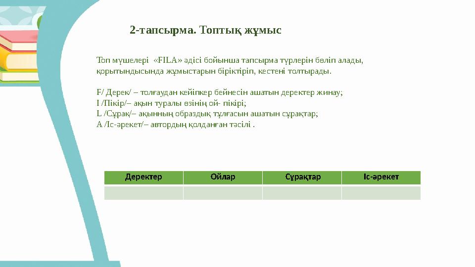 Топ мүшелері « FILA » әдісі бойынша тапсырма түрлерін бөліп алады, қорытындысында жұмыстарын біріктіріп, кестені толтырады. F