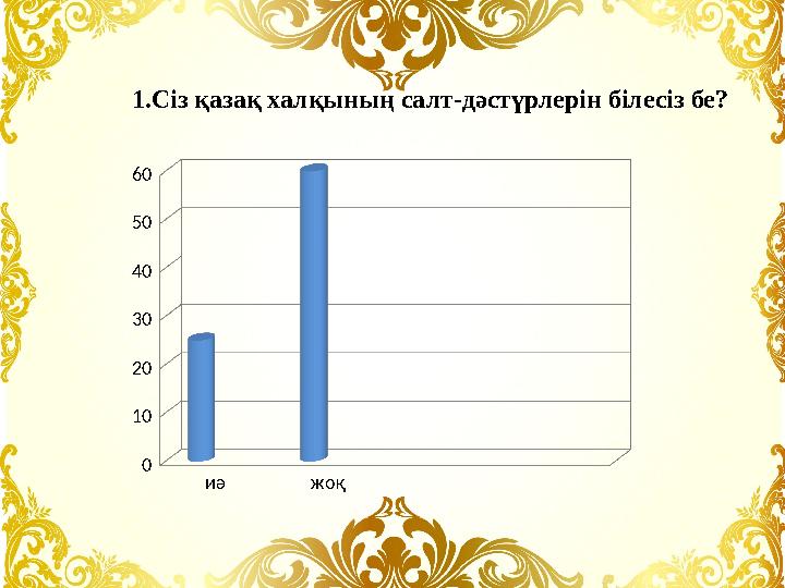 1. Сіз қазақ халқының салт-дәстүрлерін білесіз бе ? иә жоқ 0 10 20 30 40 50 60