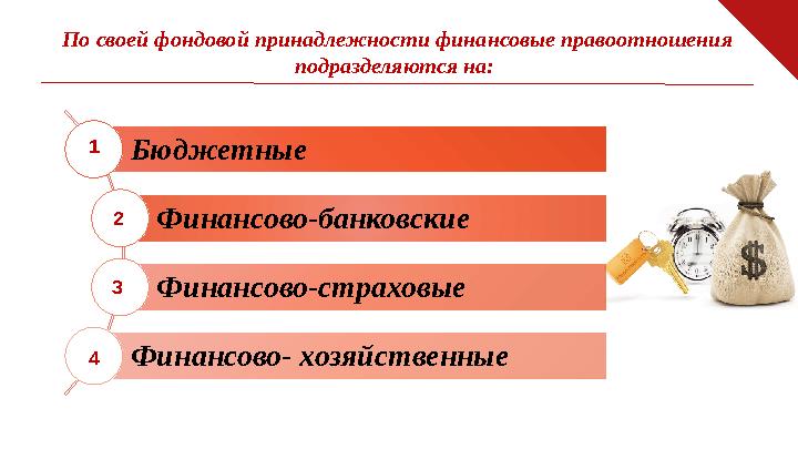 По своей фондовой принадлежности финансовые правоотношения подразделяются на: Бюджетные Финансово-банковские Финансово-стр