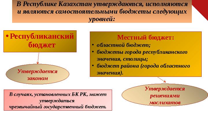 • Республиканский бюджетВ Республике Казахстан утверждаются, исполняются и являются самостоятельными бюджеты следующих уровне