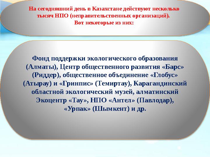 На сегодняшний день в Казахстане действуют несколько тысяч НПО (неправительственных организаций). Вот некоторые из них: Фонд п