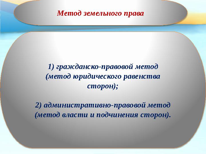 Метод земельного права 1) гражданско-правовой метод (метод юридического равенства сторон); 2) административно-правовой метод (ме